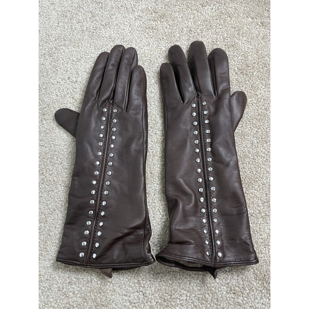 Michael Kors Astor Brown 100% Leather Studded Gloves Women's Sz L EUC